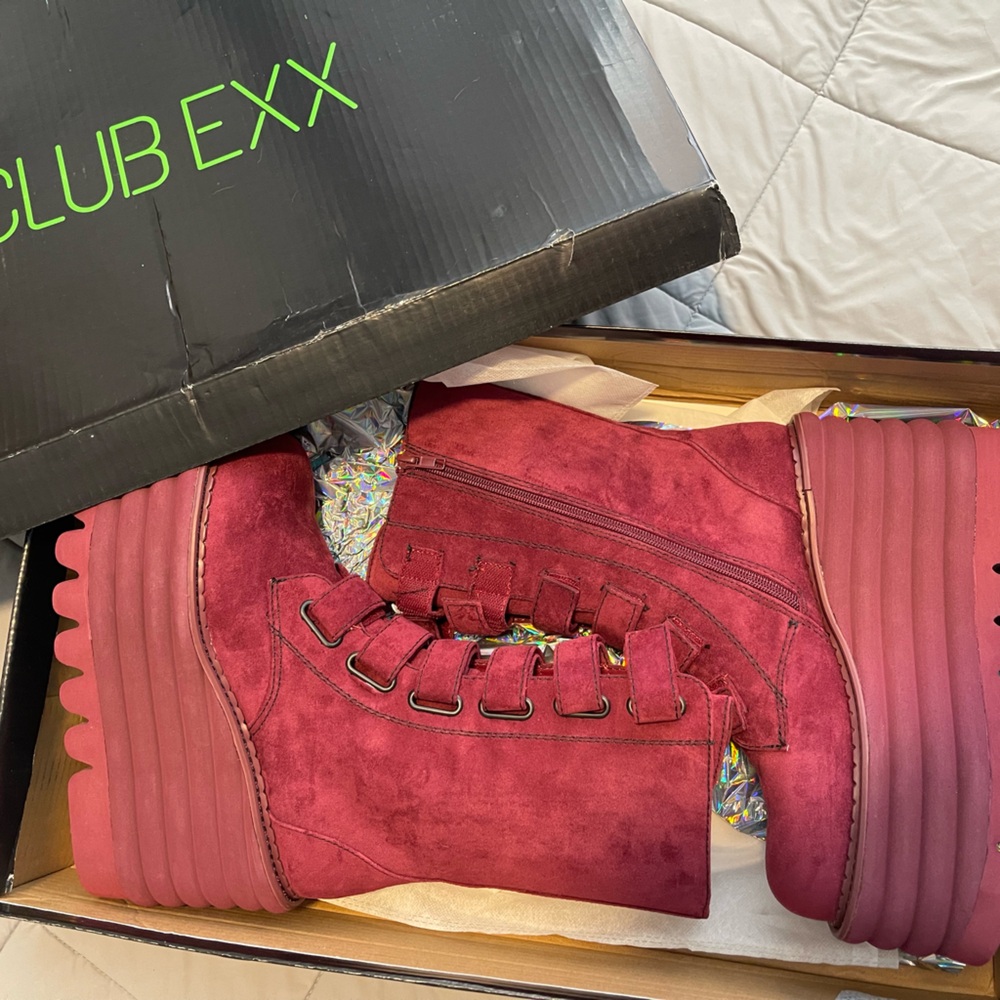 Dolls Kill Oxblood Ridged Platform Velcro Strap Boots